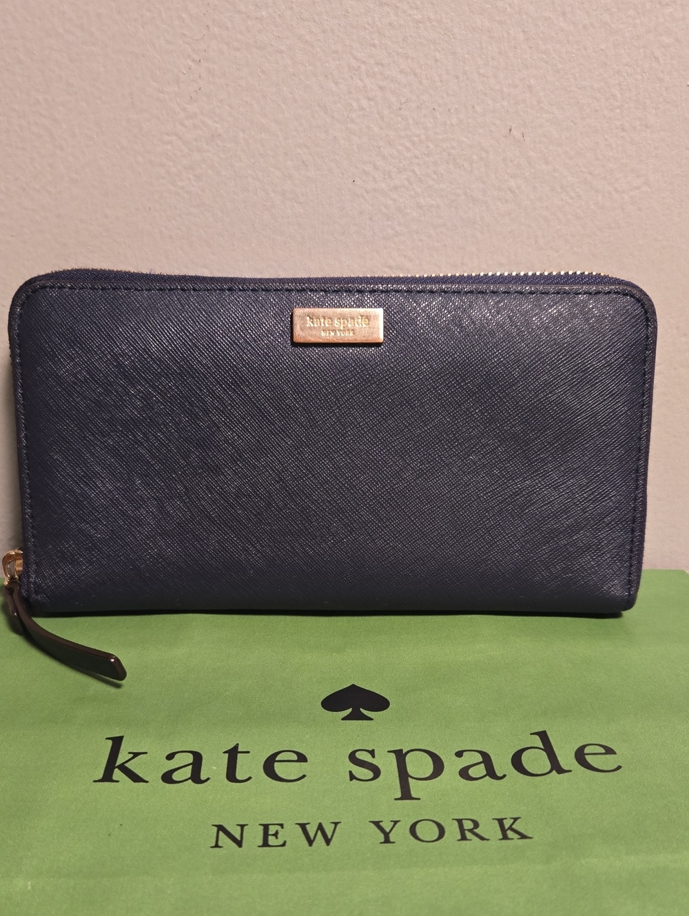 Kate Spade Navy Saffiano Zip Wallet with Gold Plaque